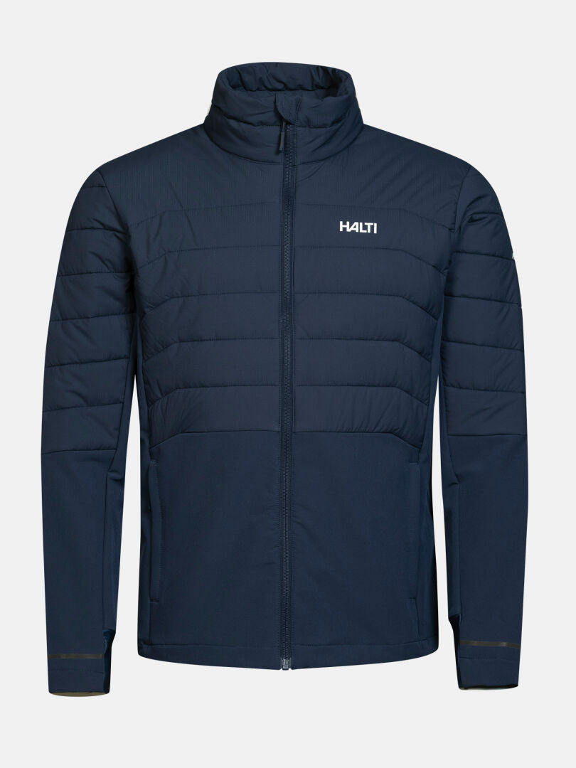 Halti Valimo Hybrid Insulation Herrenjacke, marineblau, mit Frontreißverschluss, hohem Kragen und Halti-Logo auf der Brust.