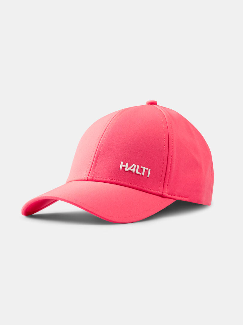 Hellrosa Mattas Baseball Cap von Halti mit weißem Logo, Quick Dry Stretch Material und UPF 50+ Schutz.