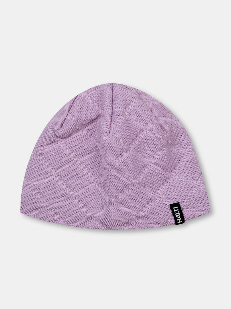 Halti Crostie Merino-Mütze: hellviolett, Rautenstrick, winddicht, mit VATT-Etikett.