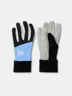 Ein Paar winddichte Halti XC Touring Handschuhe in Schwarz, Blau und Grau mit Rippenbündchen und "Halti" Logo.