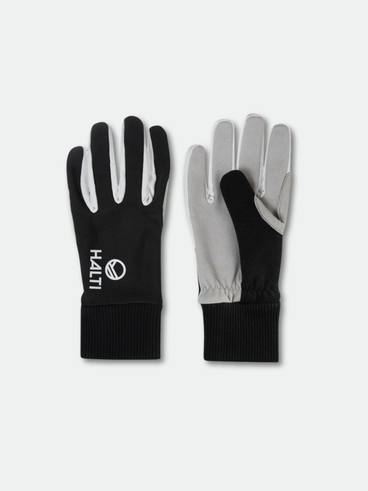 Halti XC Touring Handschuhe: winddicht, schwarz mit grauen Handflächen, Rippbündchen, Haiti-Schriftzug auf einem Handschuh.
