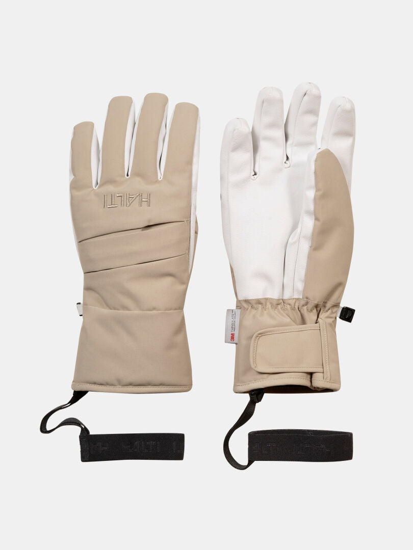 Halti Vuotos Ski Handschuhe: beige/weiße isolierte, wasserdichte Handschuhe mit Handgelenkschlaufen, die die Handfläche nach oben und unten zeigen.