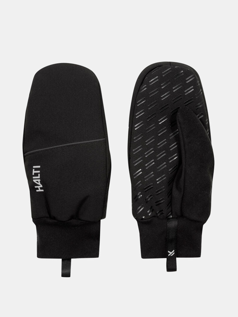Ein Paar schwarze Kroka II Fäustlinge von Halti mit strukturiertem Griff und winddichtem Stormwall-Material.