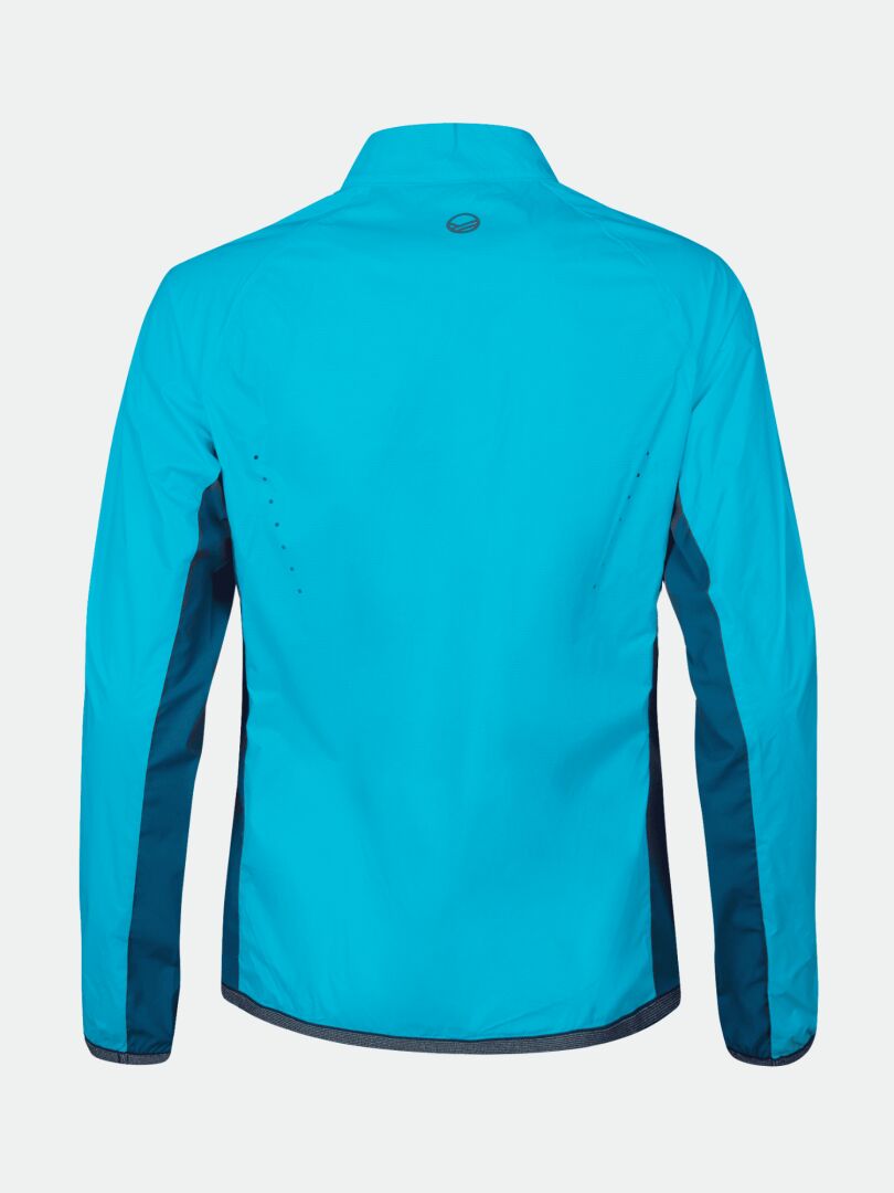 Die Halti Control Damen Windbreaker Jacke ist von hinten mit dunkelblauen Seiten- und Ärmeleinsätzen abgebildet.