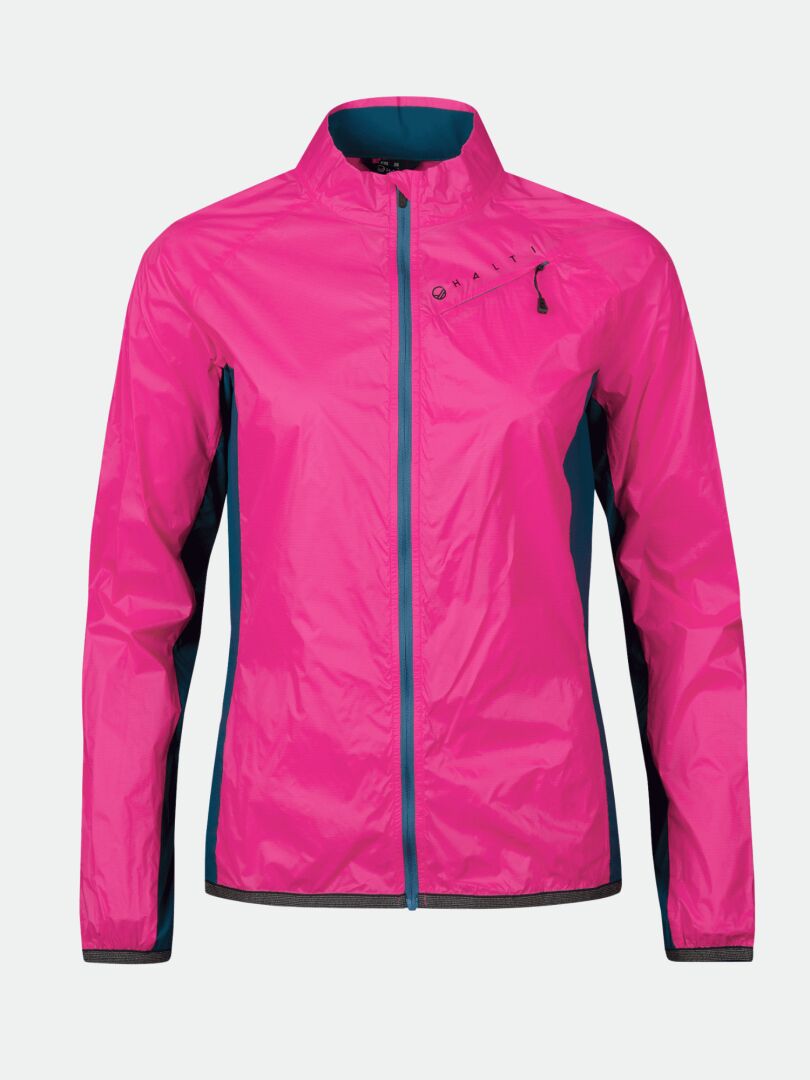 Halti Control Damen Windbreaker Jacke: leuchtendes Pink, tealfarbene Seiten, Graphene Taffeta, Stehkragen.