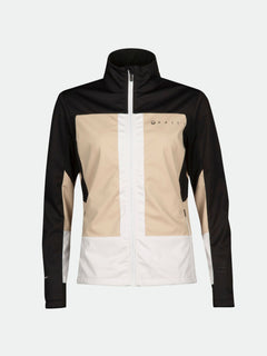 Die Halti Vinha Langlaufjacke Damen ist winddicht, farblich abgesetzt mit schwarzen Ärmeln, beiger Front und weißen Akzenten.