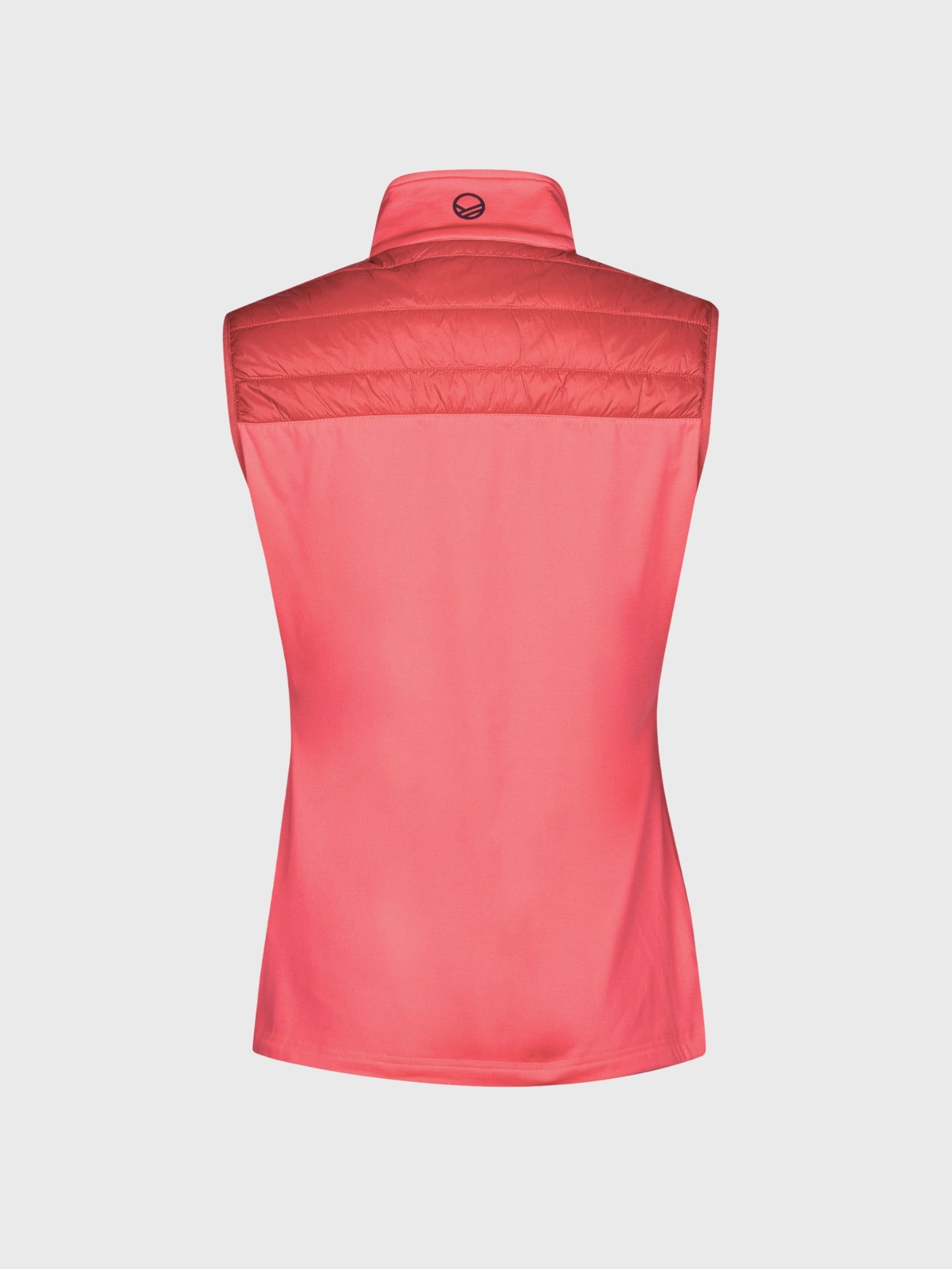 Rückansicht der Halti Veidnes Damen Vest in Pink mit gestepptem Obermaterial und kleinem, kreisförmigem Logo unterhalb des Kragens.