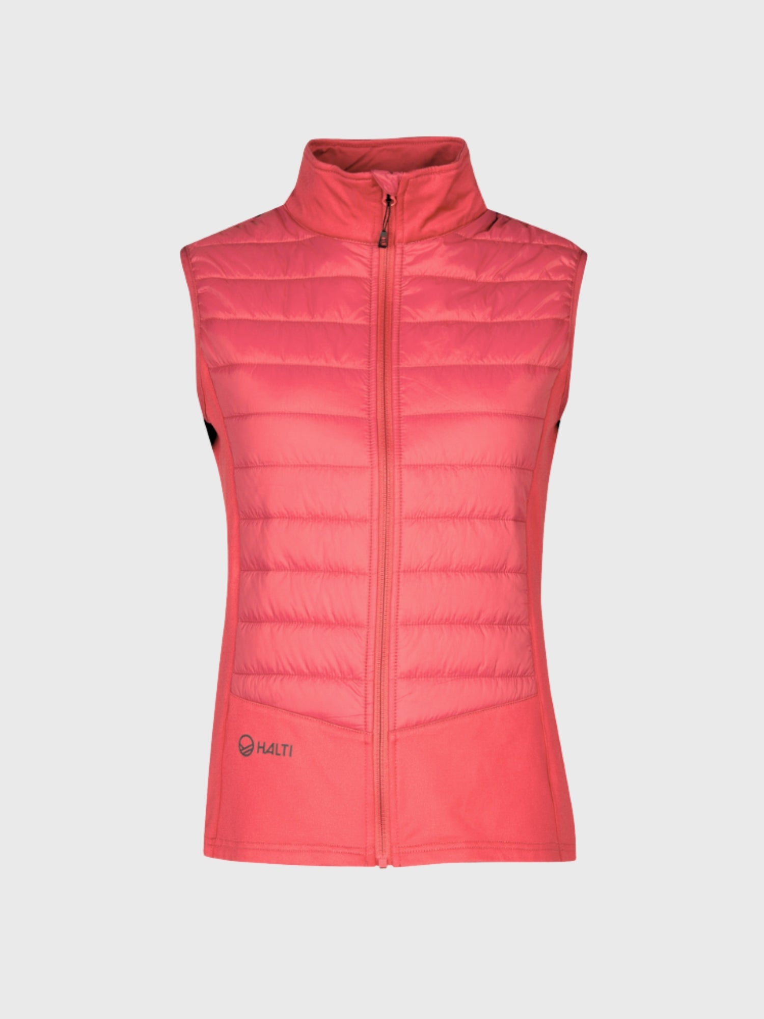 Die Halti Veidnes Damen Vest in Korallenrosa hat einen hohen Kragen und eine Steppung, ideal für Outdoor-Aktivitäten.