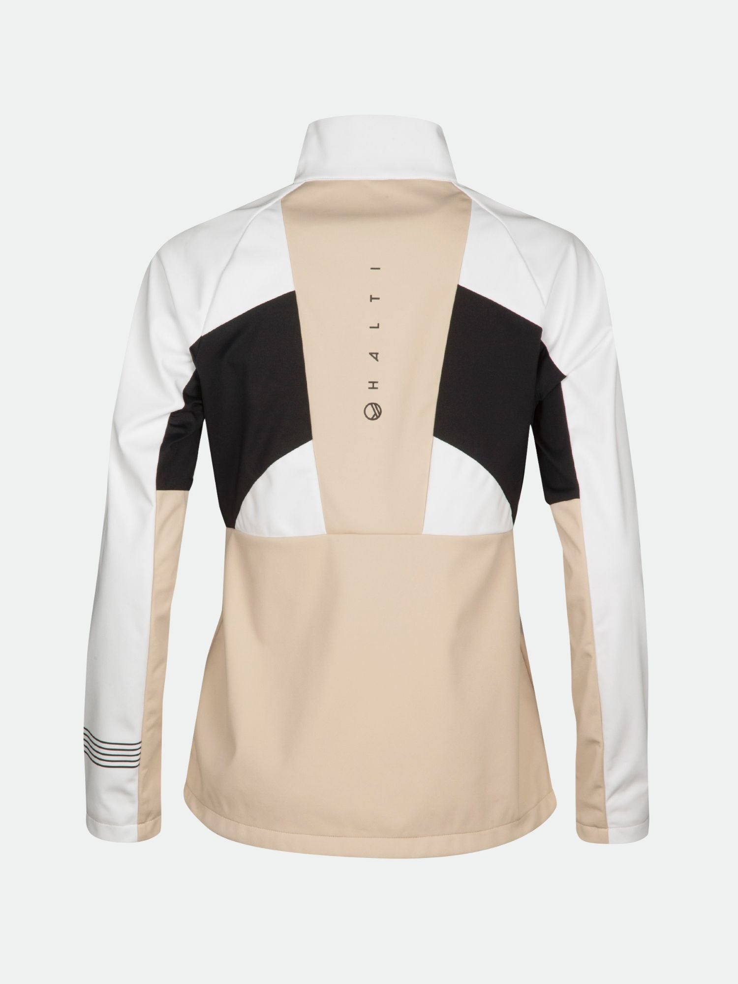 Rückenansicht der Halti Vinha Hybrid Langlaufjacke Damen in beige, weiß, schwarz mit Halti und Logo auf dem oberen Rücken.