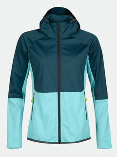 Halti Exhale Stormwall Jacke Damen in teal/hellblau mit Frontreißverschluss, Reißverschlusstaschen und reflektierenden Details.