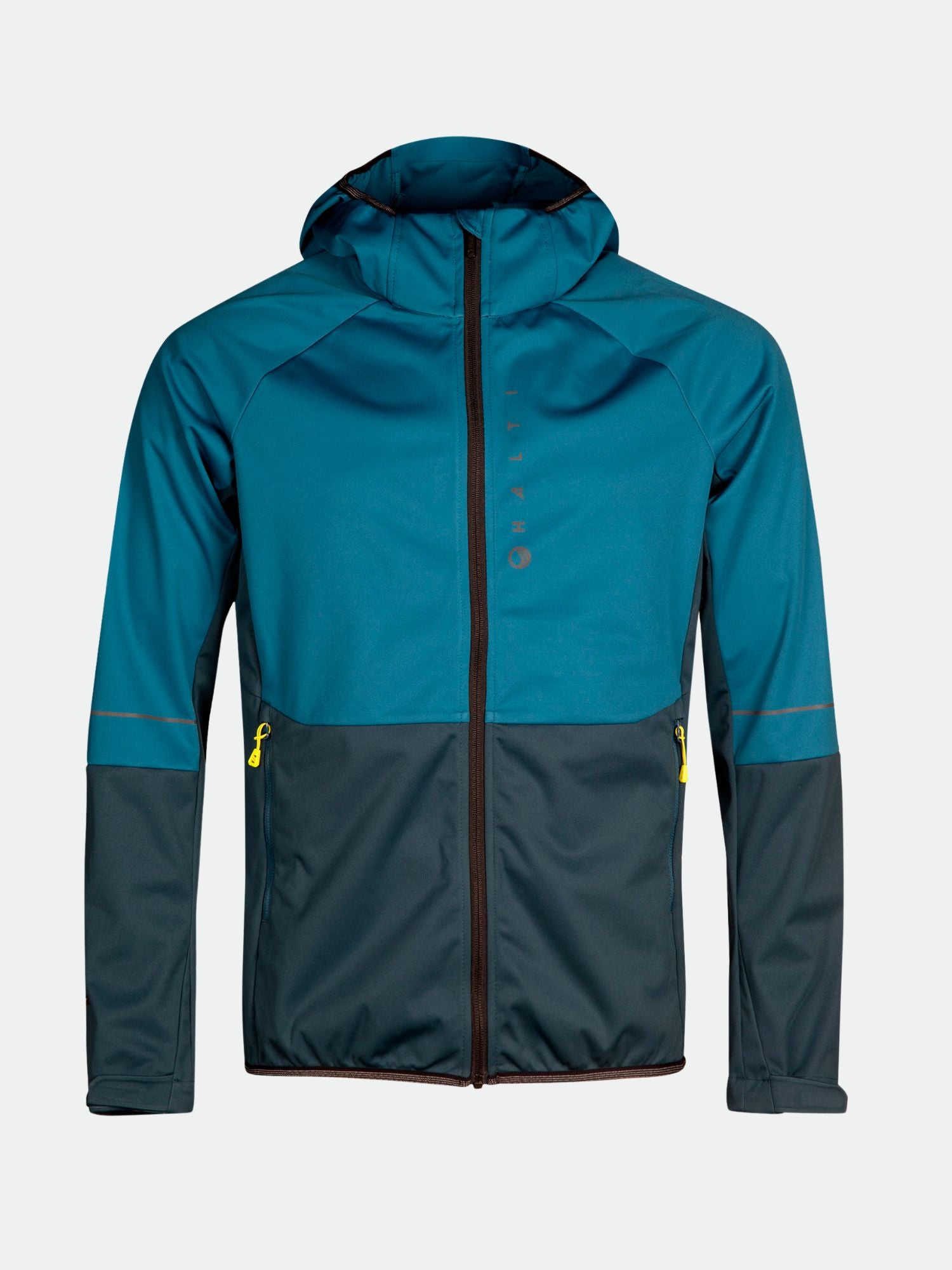 Die Halti Exhale Stormwall Jacke Herren in teal/dunkelgrau hat gelbe Reißverschlusstaschen und reflektierende Details - ideal zum Radfahren.