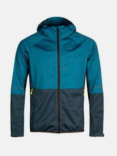 Die Halti Exhale Stormwall Jacke Herren in teal/dunkelgrau hat gelbe Reißverschlusstaschen und reflektierende Details - ideal zum Radfahren.