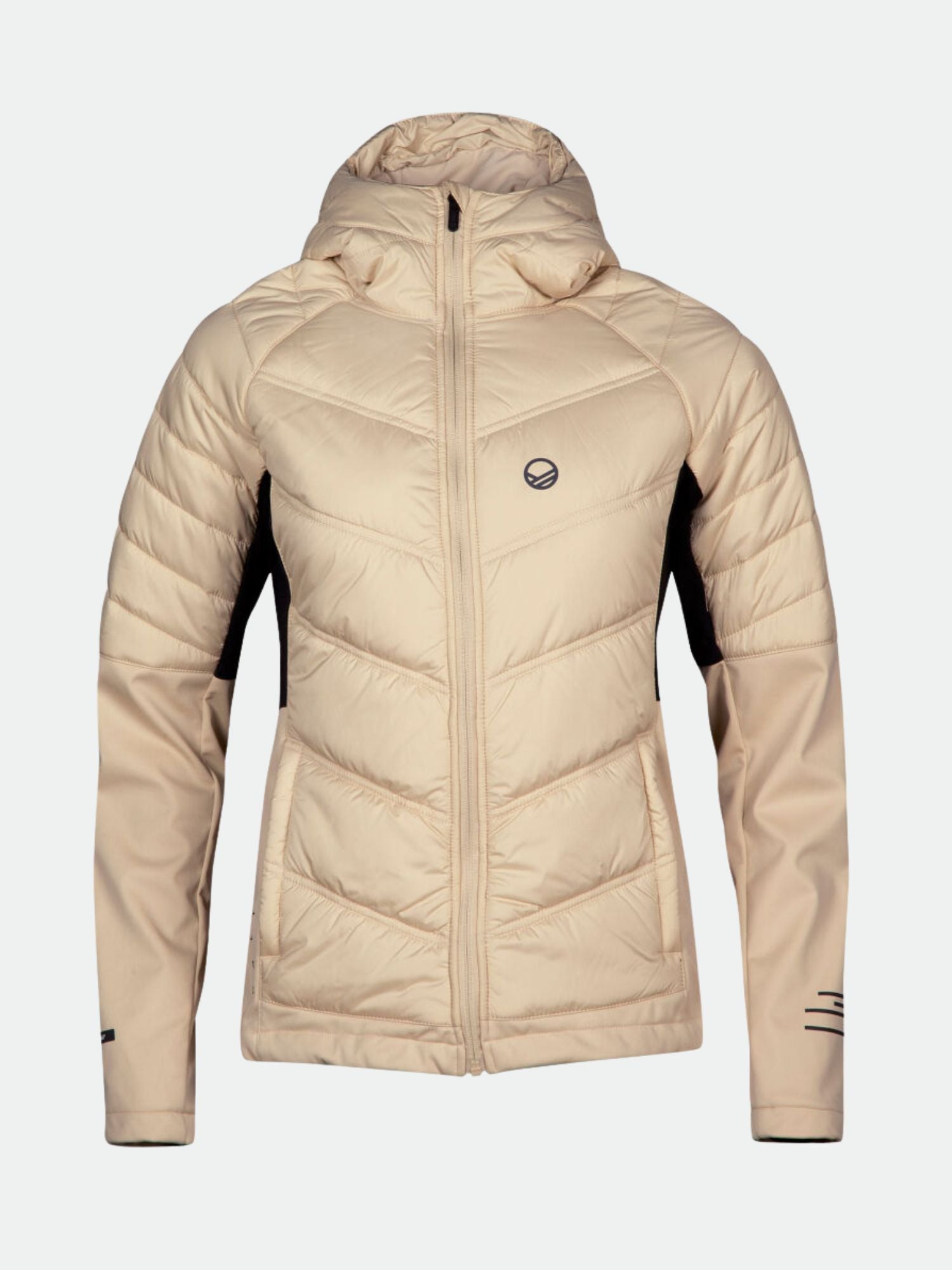 Die Halti Hanki XCT Jacke Damen Plus ist ein beiger Kapuzenpulli mit schwarzen Einsätzen und Microtherm-Isolation.