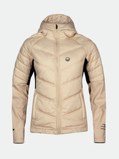 Die Halti Hanki XCT Jacke Damen Plus ist ein beiger Kapuzenpulli mit schwarzen Einsätzen und Microtherm-Isolation.