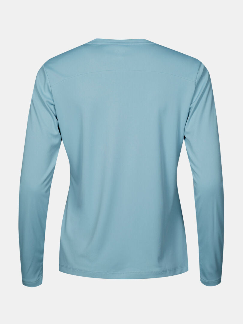 Hellblaues Salves Trainingsshirt Damen von Halti, von hinten gesehen auf weißem Hintergrund.