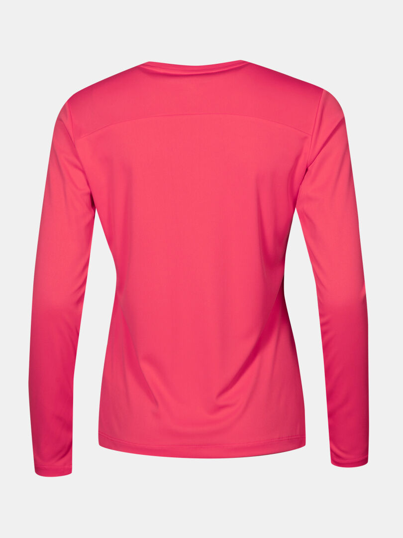 Langärmeliges, leuchtend pinkes Halti Salves Trainingsshirt Damen von hinten gezeigt; atmungsaktiv und stylisch für aktive Tage.