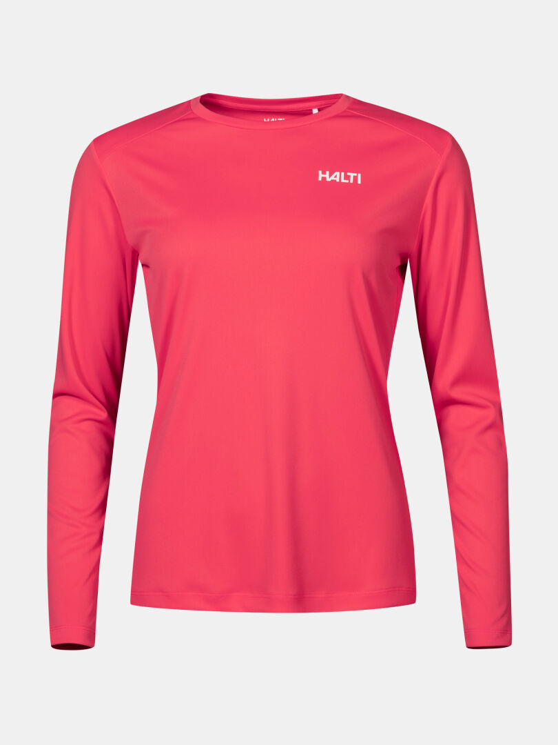 Ein langärmeliges, atmungsaktives Salves Trainingsshirt Damen in leuchtendem Pink mit Rundhalsausschnitt und Halti-Logo auf der Brust.