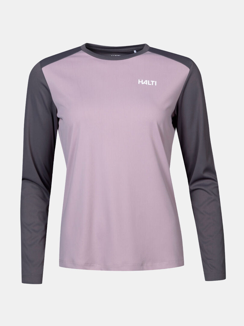 Salves Trainingsshirt Damen von Halti, atmungsaktiv, helllila mit dunkelgrauen Ärmeln und weißem Halti-Logo vorn.