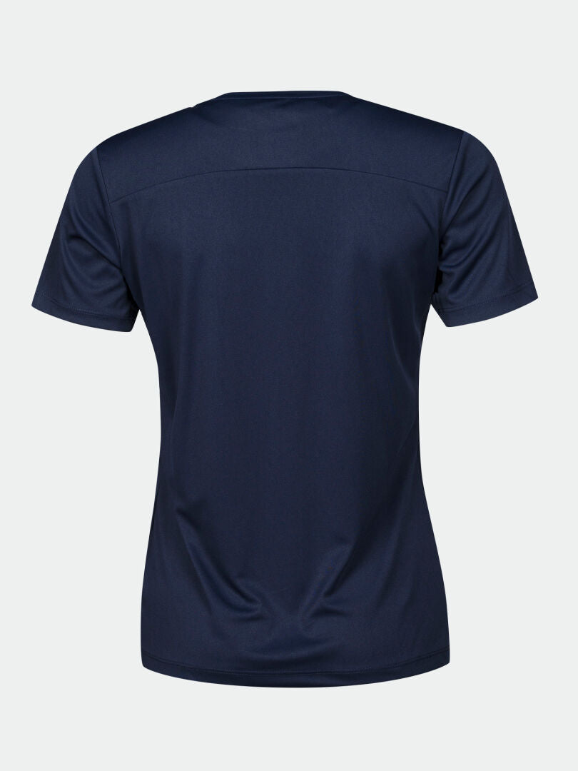 Das navyblaue Salves T-Shirt Damen von Halti aus recyceltem Polyester, Rückansicht vor hellem Hintergrund.