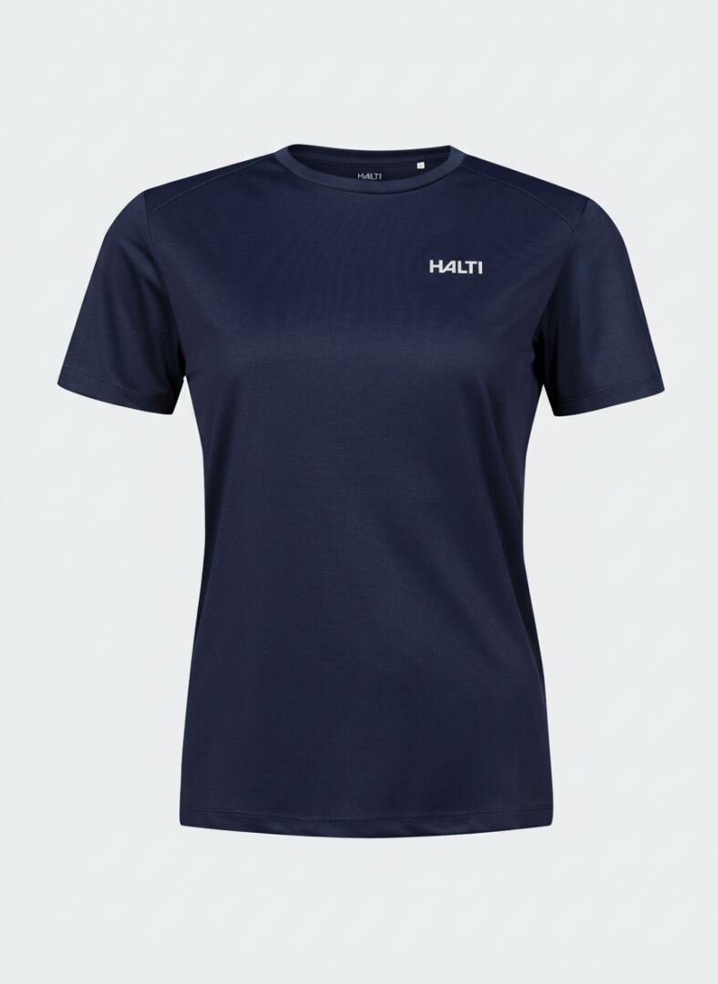 Ein schlichtes navyfarbenes Salves T-Shirt Damen von Halti mit dem Logo in weiß, hergestellt aus recyceltem Polyester.