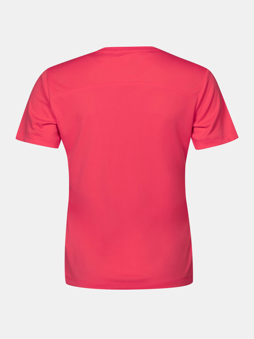 Das Halti Salves T-Shirt Damen ist ein schlichtes, kurzärmeliges, hellrosa T-Shirt aus recyceltem Polyester, von hinten gesehen.