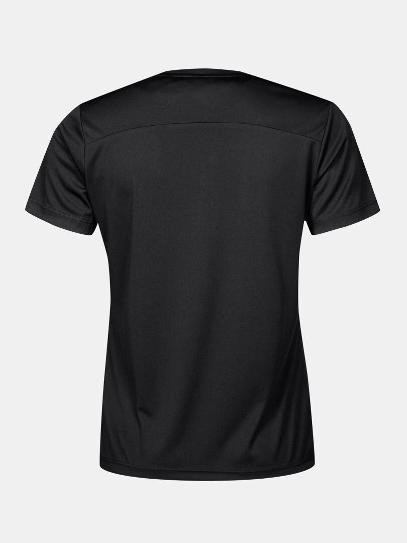 Das Halti Salves T-Shirt Damen in schlichtem Schwarz, hergestellt aus recyceltem Polyester, von hinten auf weiß abgebildet.