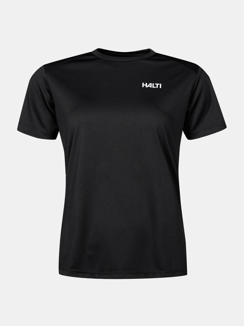Das Salves T-Shirt Damen von Halti ist schwarz, aus recyceltem Polyester mit weißem Halti-Logo auf der Brust.