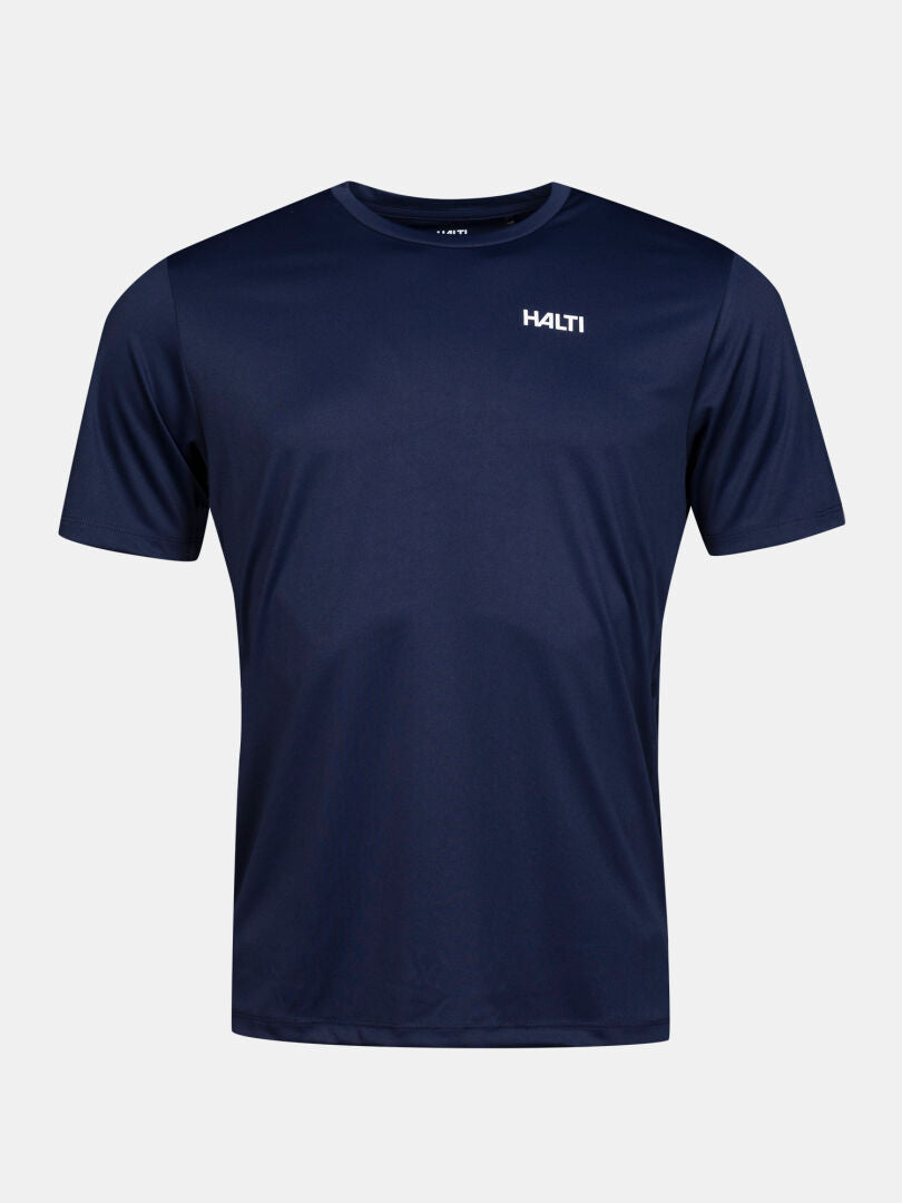 Das Salves T-Shirt für Herren von Halti in Navy besteht aus recyceltem Polyester und ist mit einem weißen Logo versehen – ideal für Outdoor-Aktivitäten.