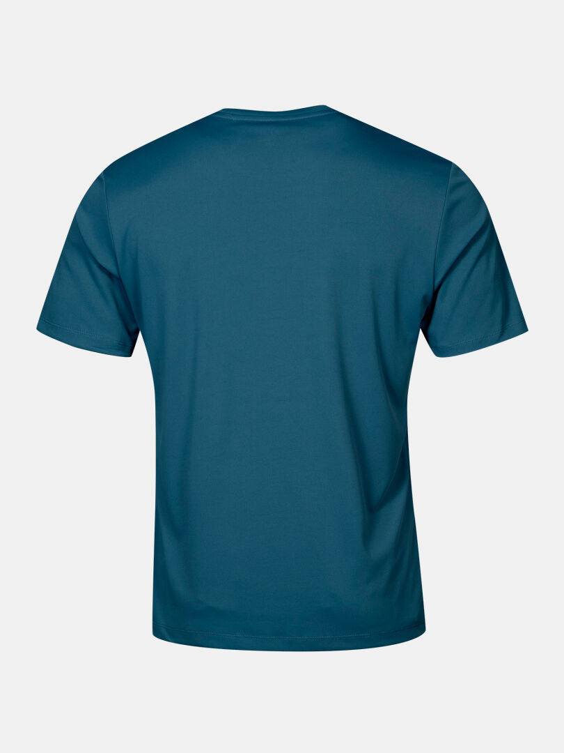 Das Halti Salves T-Shirt Herren in Teal, kurzärmelig aus recyceltem Polyester, Rückansicht auf weißem Hintergrund.