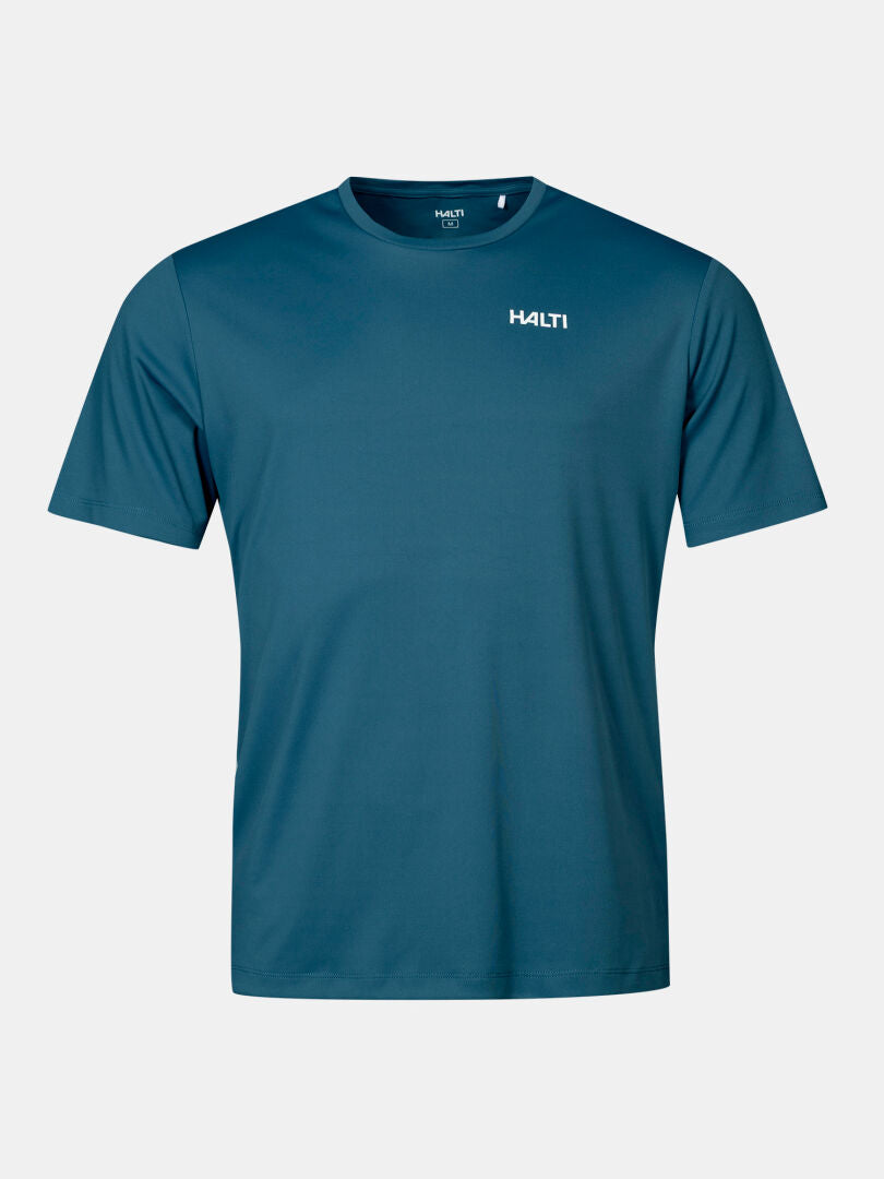 Das Halti Salves T-Shirt Herren ist teal, aus recyceltem Polyester, mit einem kleinen weißen Logo auf weißem Hintergrund.