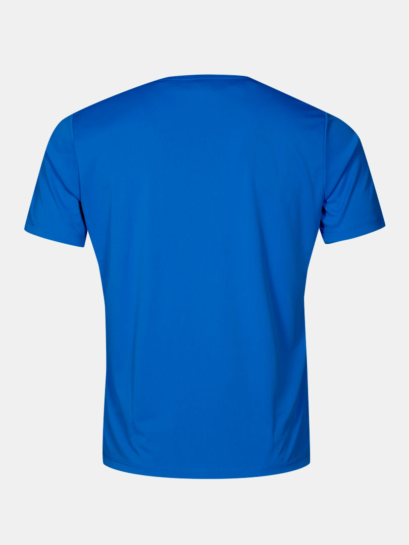 Das Halti Salves T-Shirt Herren in einfarbig blau, aus recyceltem Polyester, von hinten auf weißem Grund abgebildet.