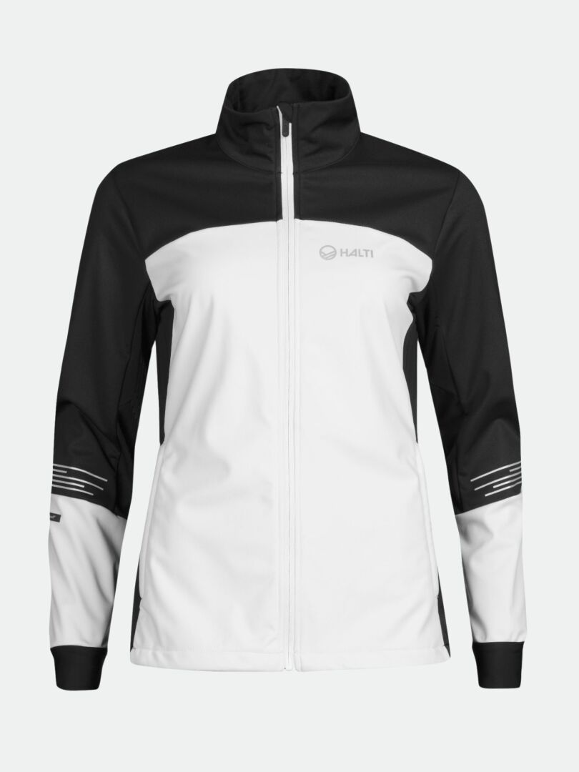 Das Halti Siide Langlaufanzug Set ist eine schwarz-weiße Jacke mit Reißverschluss, langen Ärmeln und einem kleinen Logo auf der linken Brust.