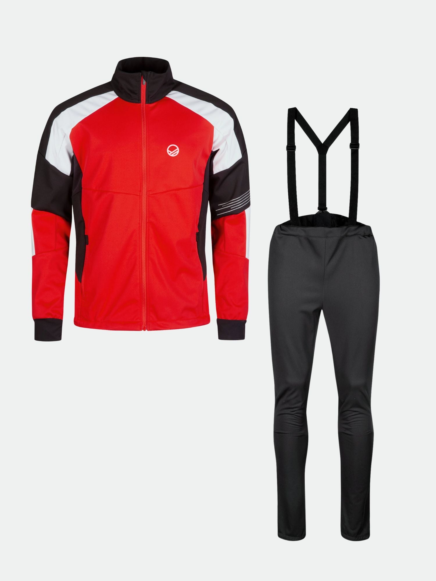 Der Halti Hyyde Langlaufanzug Herren ist ein rot-schwarz-weißes Zip-Up-Set mit Hose - perfekt für das Wintertraining.