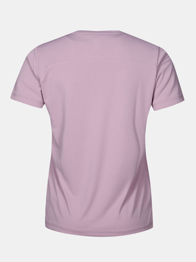 Rückansicht eines mauvefarbenen, schnell trocknenden Halti Funktions-T-Shirts für Damen.