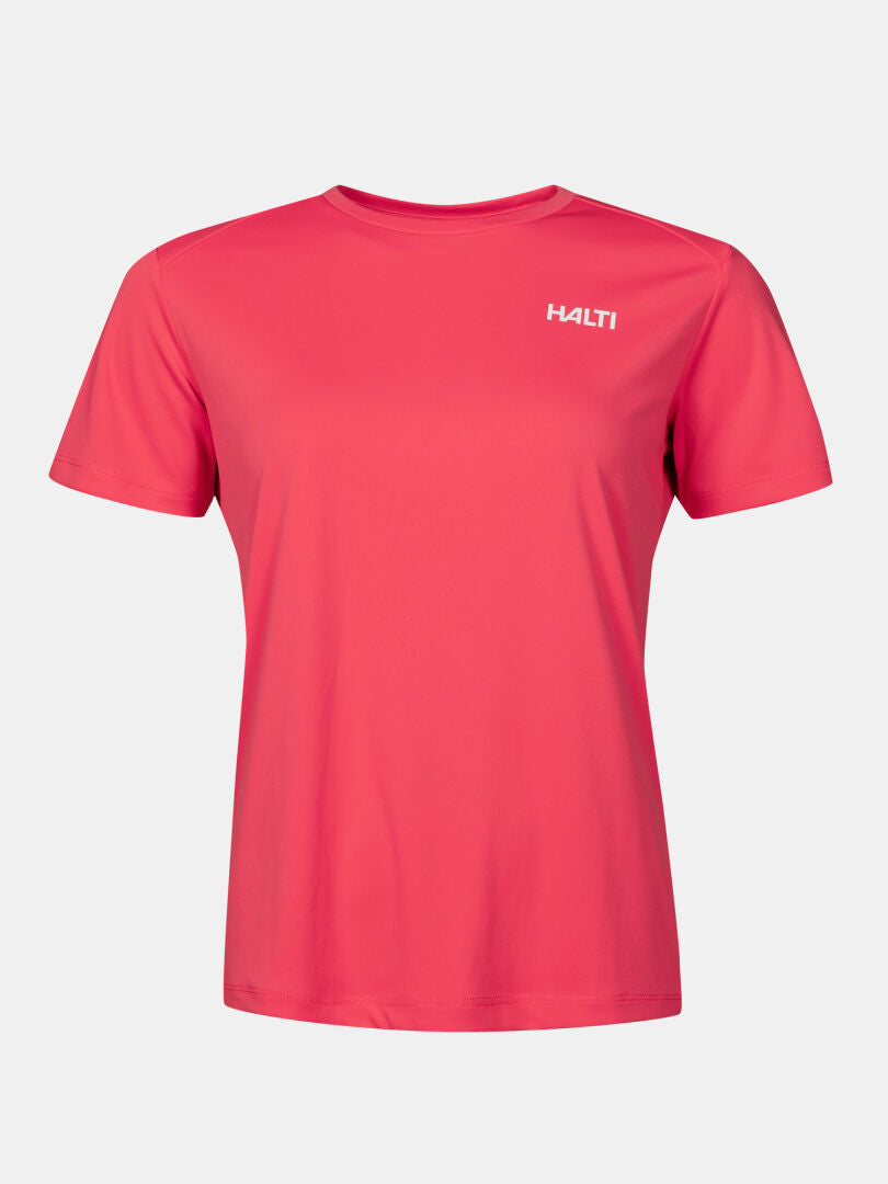 Leuchtend pinkes Halti Funktions-T-Shirt Damen Plus, ein kurzärmeliges Funktionsshirt aus Funktionsstrick mit Rundhalsausschnitt und Logo auf der Brust.
