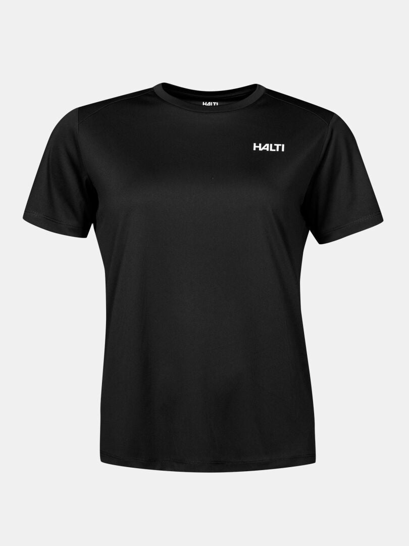 Schwarzes Funktions-T-Shirt für Damen in Übergröße – T-Shirt aus Funktionsstrick mit weißem Logo auf der Brust.