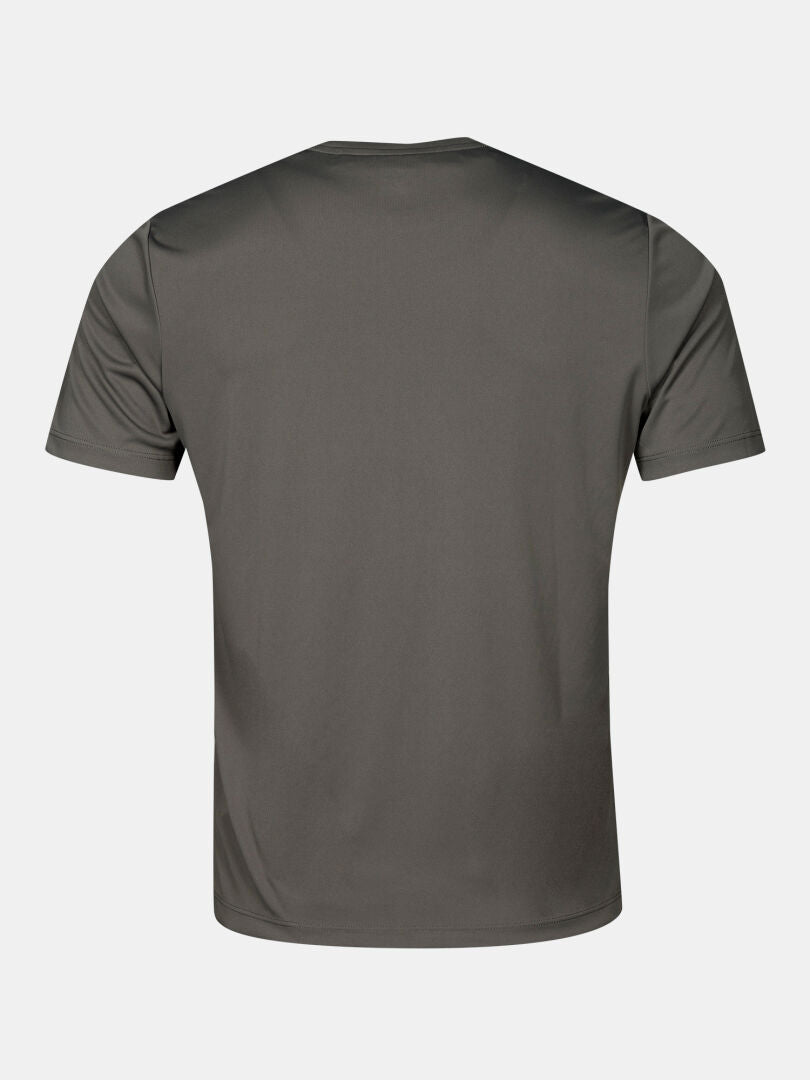 Rückansicht eines grauen, kurzärmeligen, schnell trocknenden Halti Funktions-T-Shirts für Herren.