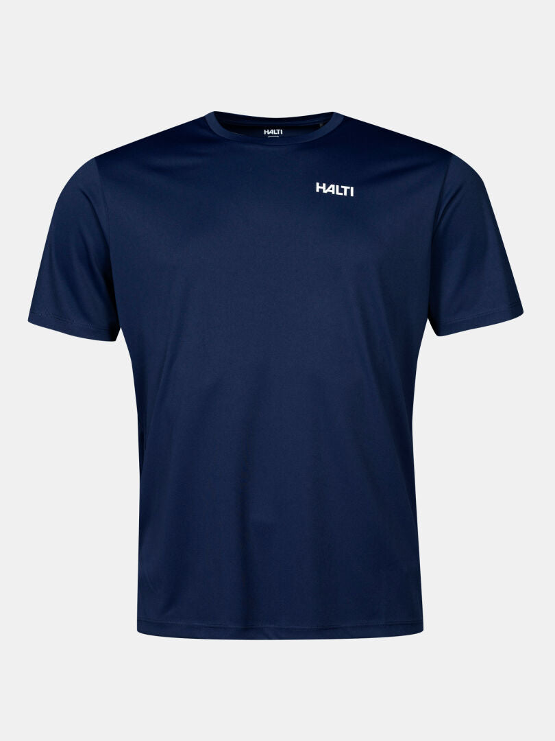 Halti Funktions-T-Shirt für Herren in Marineblau, schnell trocknend, mit einem Logo auf der linken Brust.