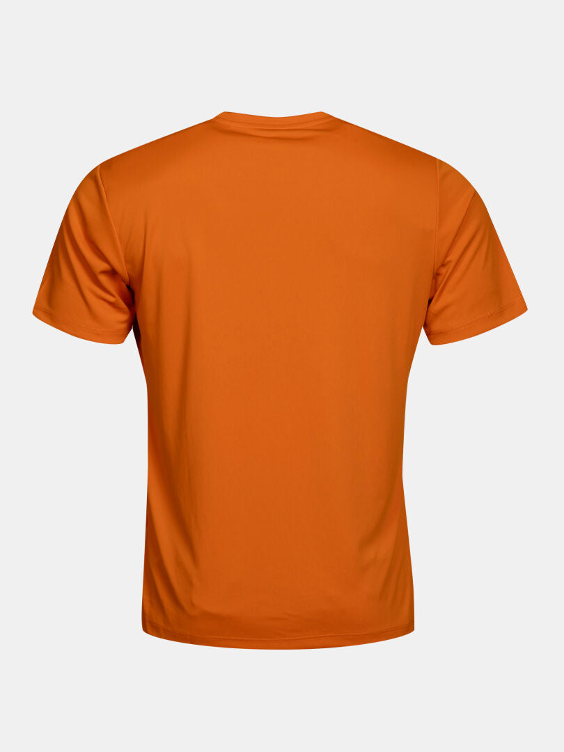 Rückansicht eines orangefarbenen, schnell trocknenden Halti Funktions-T-Shirts für Herren.
