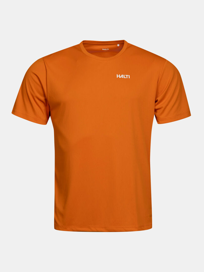 Rostorangefarbenes, schnell trocknendes Halti Funktions-T-Shirt für Herren mit einem weißen Logo auf der Brust.