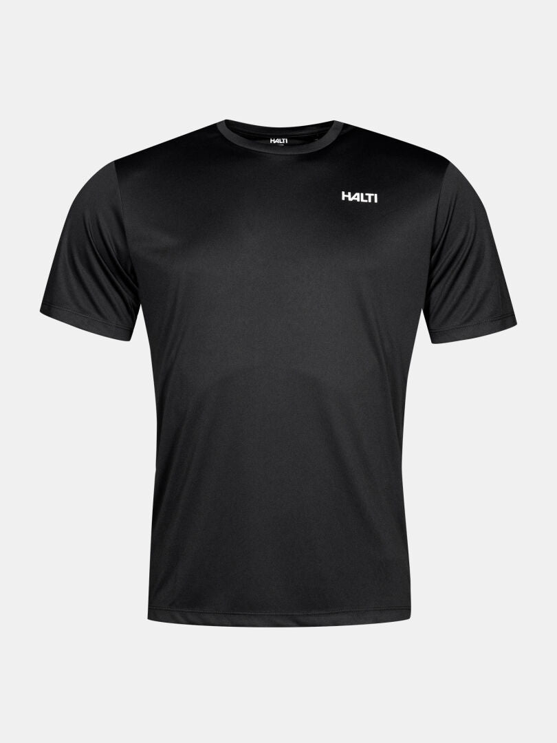 Schwarzes, kurzärmeliges Halti Funktions-T-Shirt für Herren mit einem Logo auf der linken Brust; ein schnell trocknendes Sportshirt für Herren.