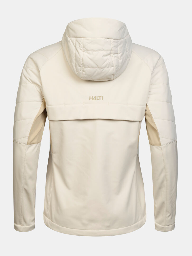 Rückansicht einer beigen Hanki 2 Hybrid Langlaufjacke für Damen mit gesteppten Details und einer Schutzkapuze.