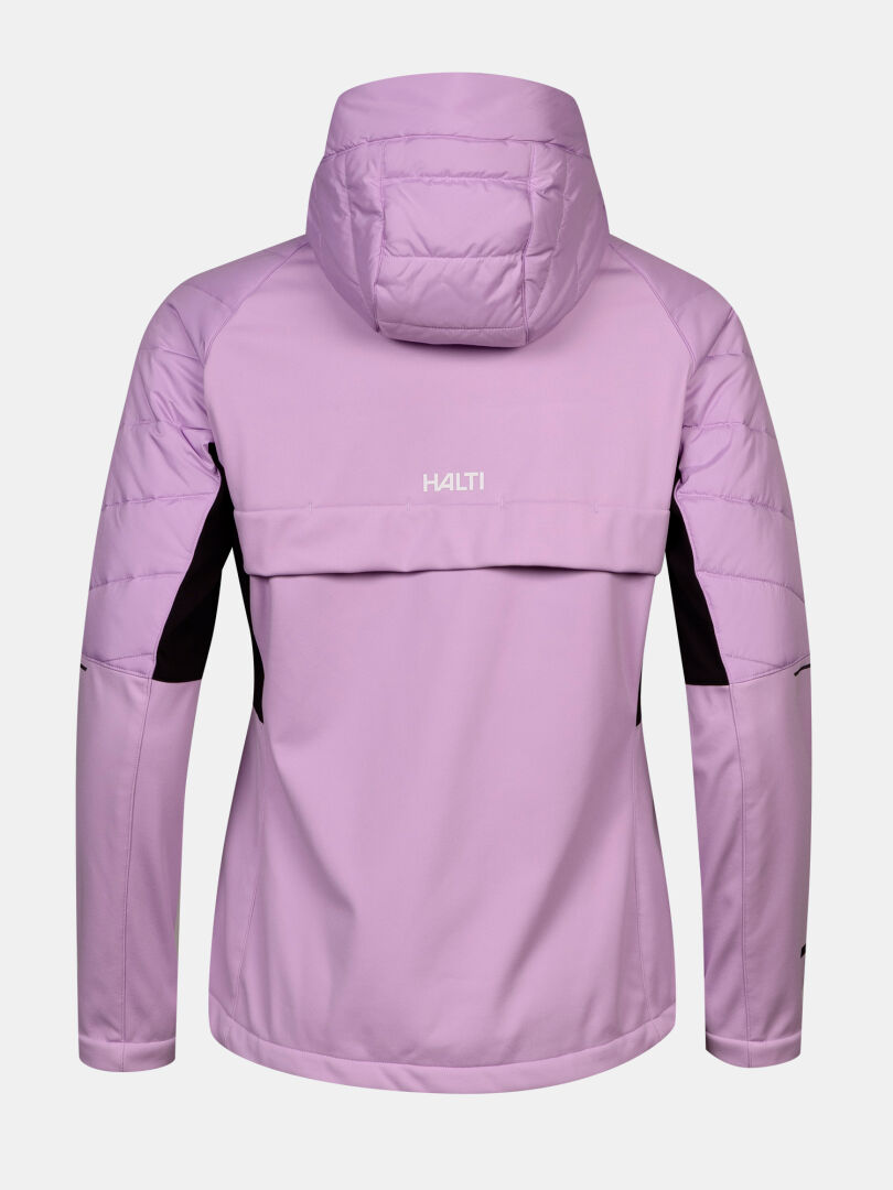 Rückansicht einer hellvioletten Halti Hanki 2 Hybrid Langlaufjacke für Damen mit gesteppten Einsätzen und schwarzen Akzenten an den Seiten.