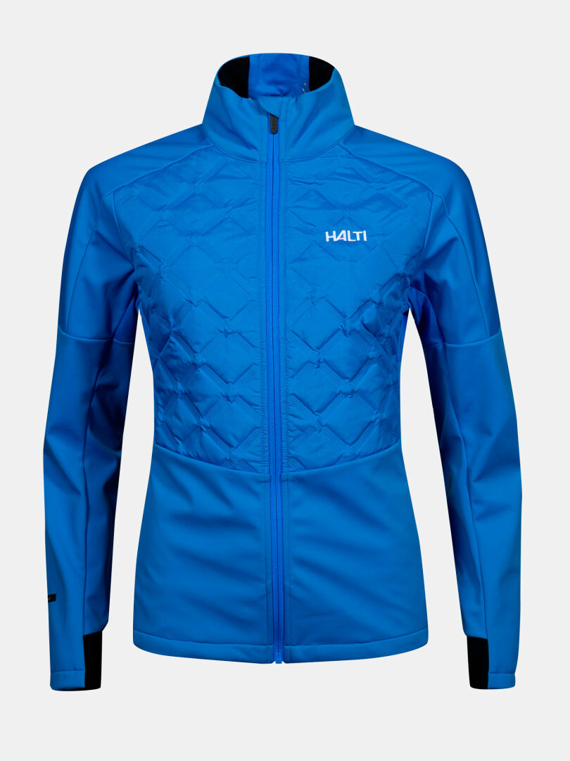 Die Halti Framover Hybrid Langlaufjacke Damen hat eine hellblaue, gesteppte Brust, Softshell-Ärmel und ein Logo auf der linken Brustseite.