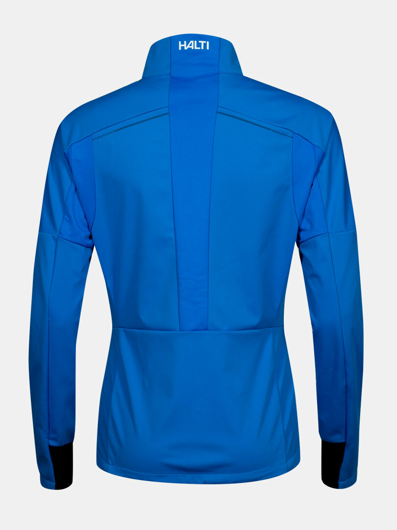 Die Halti Framover Hybrid Langlaufjacke Damen ist blau und hat einen hohen Kragen, schwarze Manschetten und 