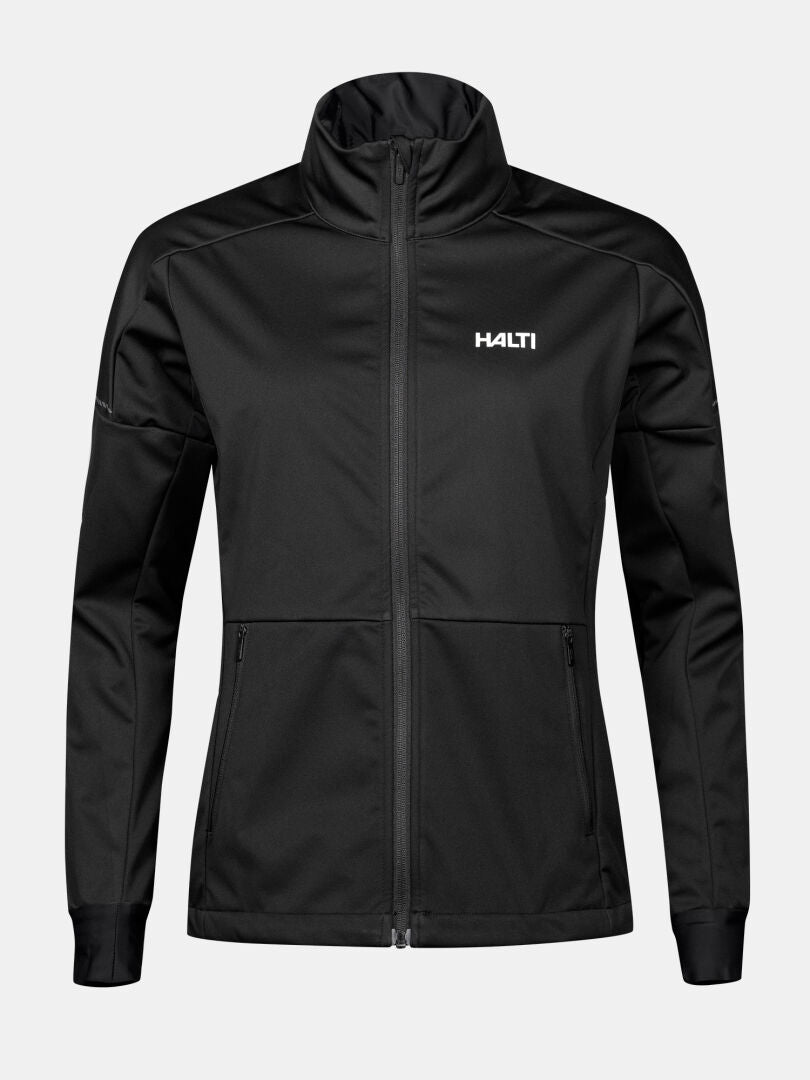 Schwarzer Huuru Langlaufanzug Damen Softshelljacke von Halti mit hohem Kragen, ideal für Wintertraining oder Langlauf.