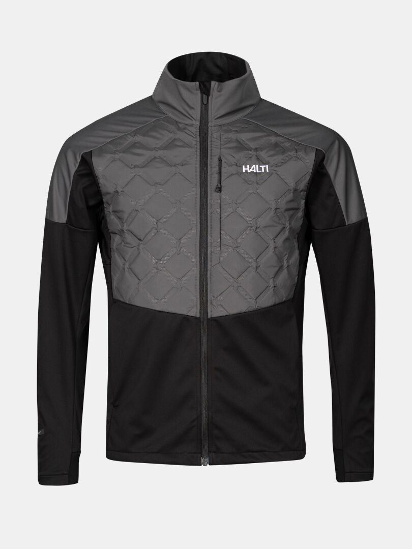 Die Halti Framover Hybrid Langlaufjacke Herren ist schwarz/grau mit hohem Kragen und Logo, perfekt für das Wintertraining.