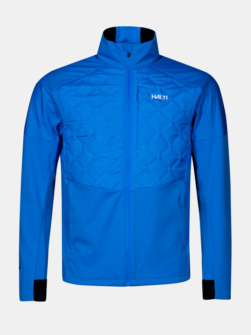 Die Halti Framover Hybrid Langlaufjacke Herren in blau, mit hohem Kragen und gesteppter Brust - ideal für das Wintertraining.