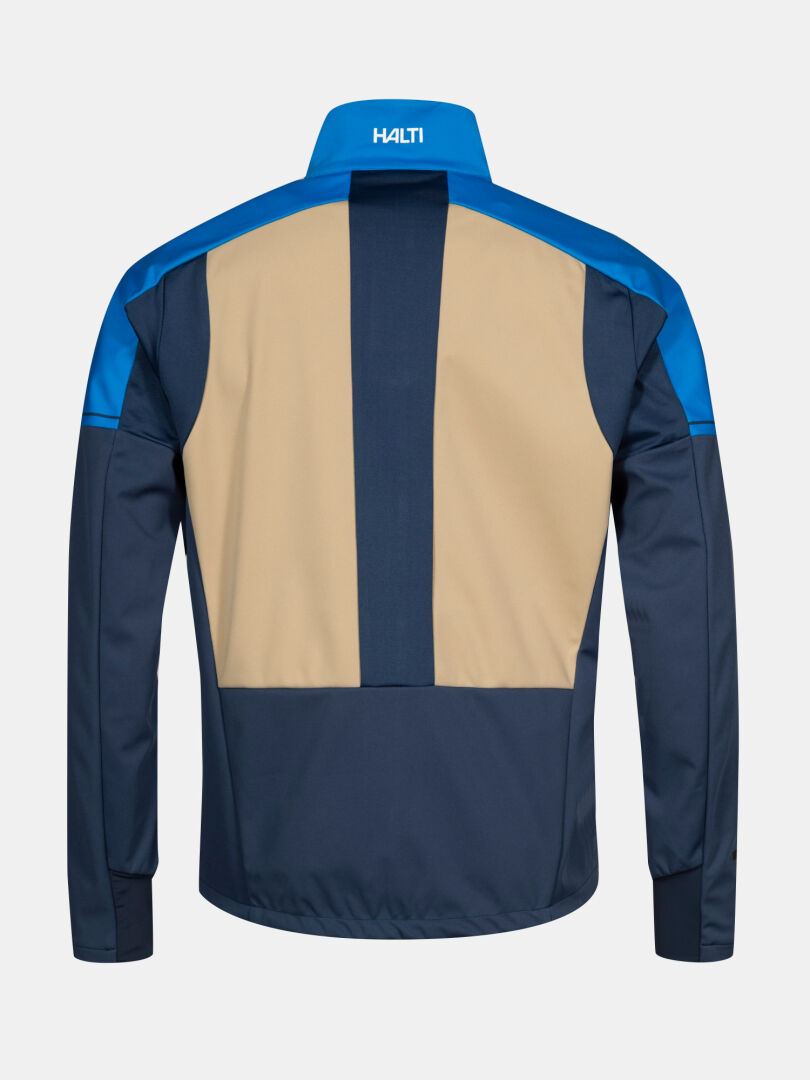 Rückenansicht der Halti Framover Langlaufjacke Herren in Color-Block, hergestellt aus recyceltem Material und HALTI am Kragen.