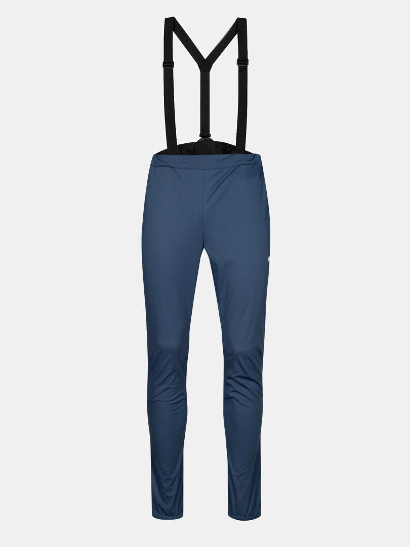Halti Huuru Langlaufanzug Herren in blau mit schwarzen Hosenträgern, Stormwall Material, abgebildet auf einem weißen Hintergrund.